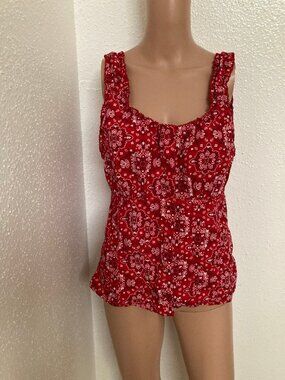 Zoey & Beth Women's M Red White Floral Cotton Tank Top Button Front Ruffle
